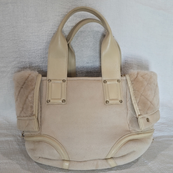Chanel Sparkle Tote Suede Beige Leather Shearling Chain Cream Purse Shoulder Bag - Picture 3 of 16